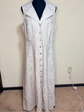 Vintage 90s Sheri Martin Linen Sleeveless Button-Front Embroidered Maxi Dress